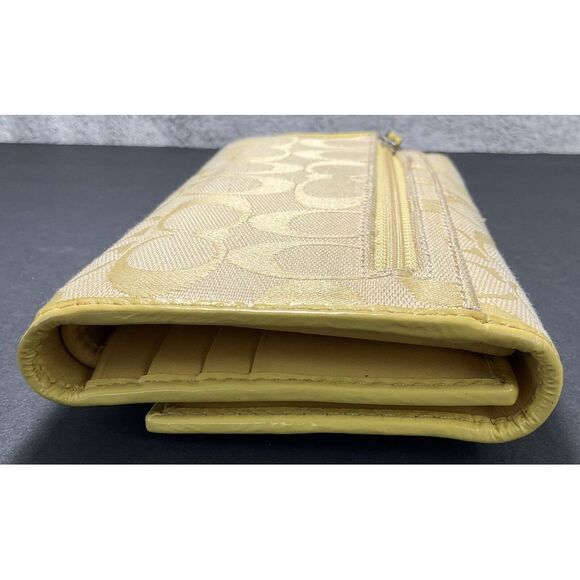 Coach Signature Yellow Canvas Leather Trim Credit Card Checkbook Trifold Wallet - Picture 8 of 9